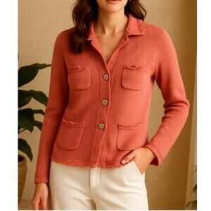 Vintage Sigrid Olsen Coral Pink Knit Collared Cardigan Jacket Fringed Pockets XS